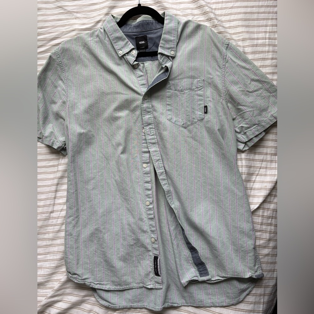 Vans Light Green Short-Sleeve Button-Down Shirt with Pink Stripes